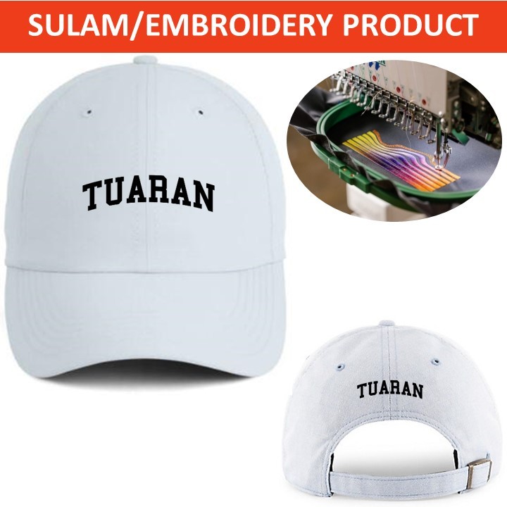 EMBROIDERY SULAM TURAN SABAH WORDING LOGO BASEBALL 100% POLYESTER CAP ADJUSTABLE STRAP สีขาว