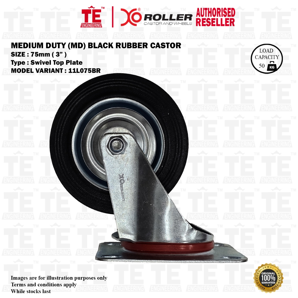 XO Roller 3" ( 75mm ) Medium Duty Black Rubber Swivel Castor ( 11L 075 BR )