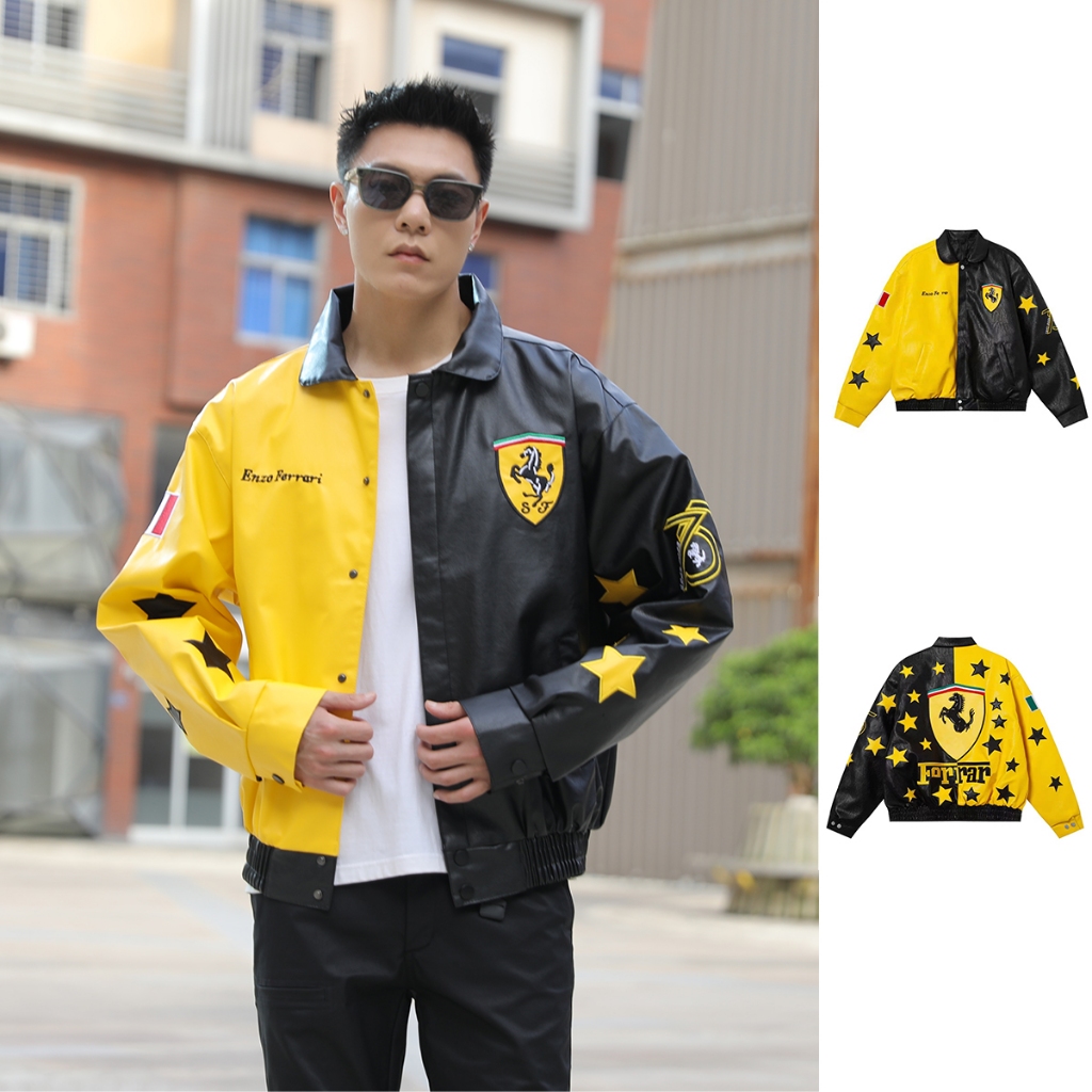 F1 Ferrari Racing Jacket ขี่รถจักรยานยนต์หนัง Jaket ผู้ชายเย็บปักถักร้อย Windbreaker Jeket