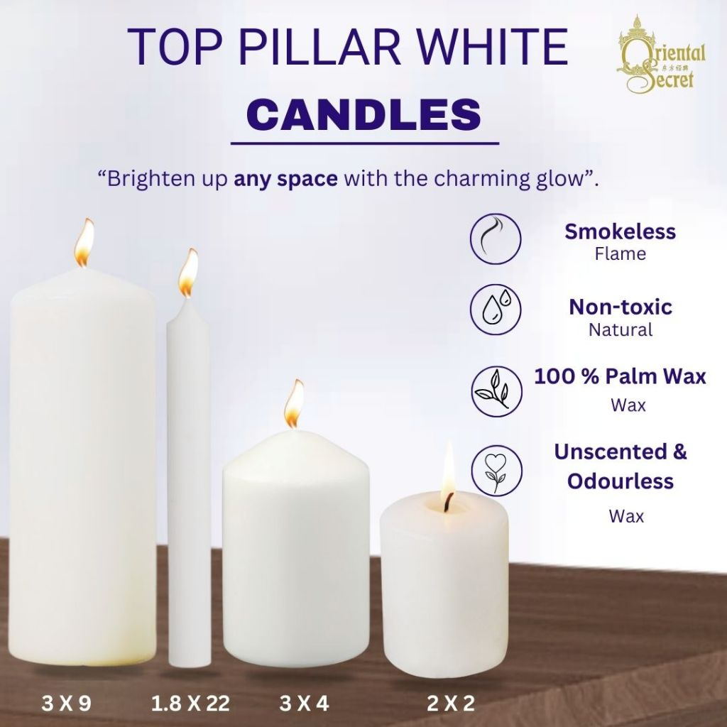 TOP PILLAR WHITE CANDLE 2(D) X 2(H) / 3(D) X 4(H) / 1.8(D) X 22(H) / 1.8 (D) X 19(H)