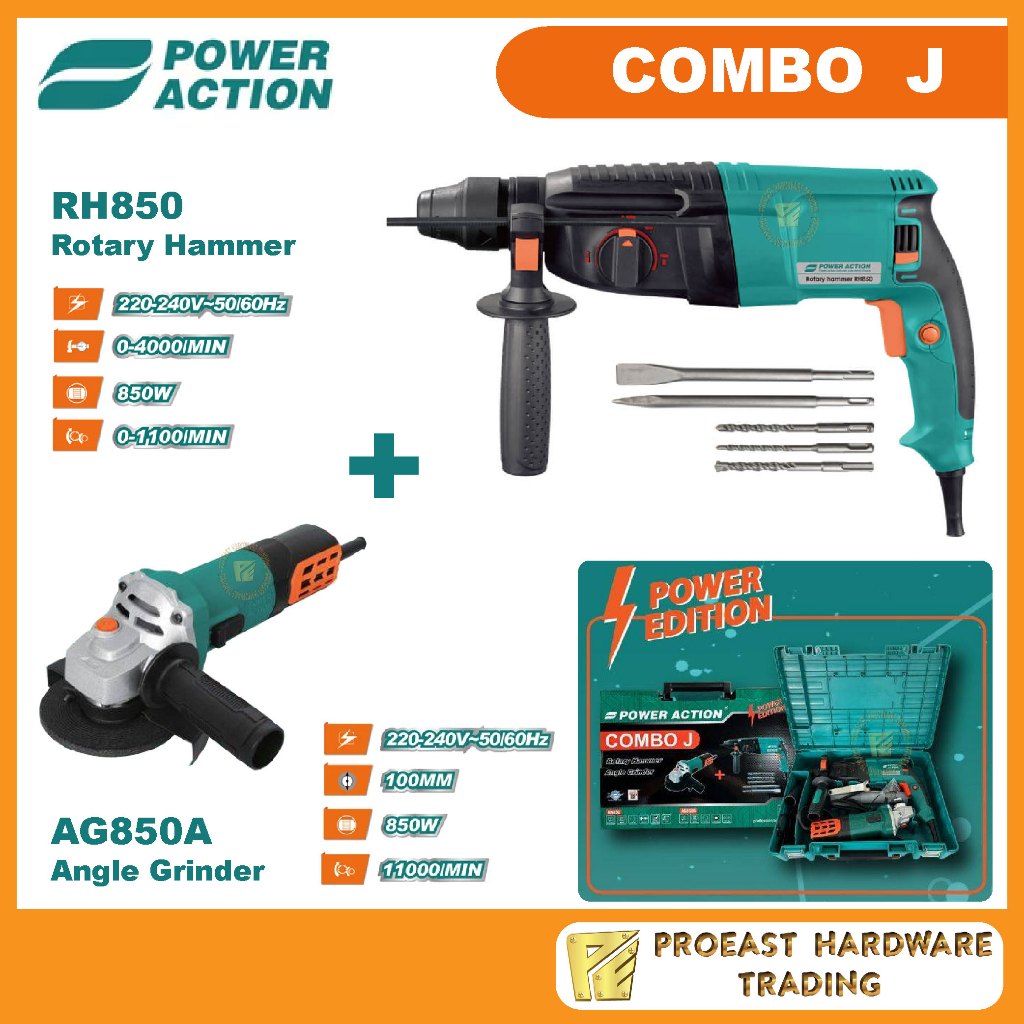 Power Action 850W [ RH850 สว่านโรตารี่ ] + [ เครื่องเจียร AG850A ] -COMBO J