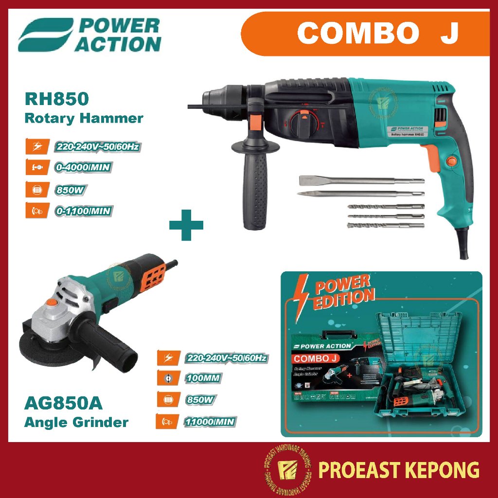 Power Action 850W [ RH850 สว่านโรตารี่ ] + [ เครื่องเจียร AG850A ] -COMBO J