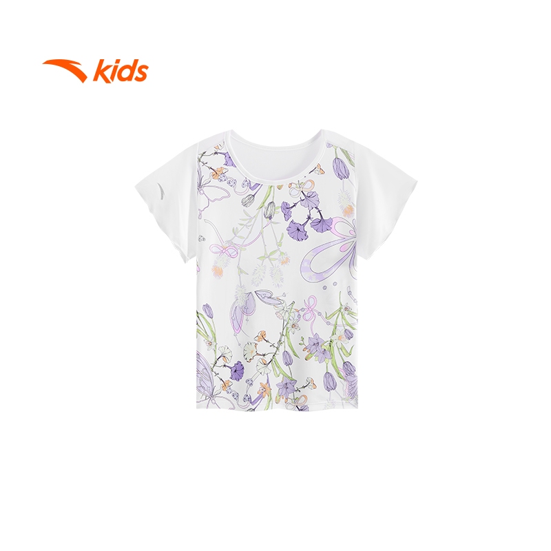 Anta เด็กผู้หญิง ยิมนาสติกจังหวะ แขนสั้น tee 3625C9111-1 - สีขาว/พิมพ์คนรัก (baju kasual kanak perem