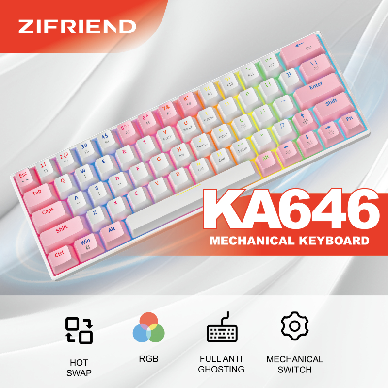 Zifriend KA646 คีย์บอร์ด machinical แบบมีสาย 63 คีย์สีชมพูสีขาว rainbow backlight คีย์บอร์ดเกม