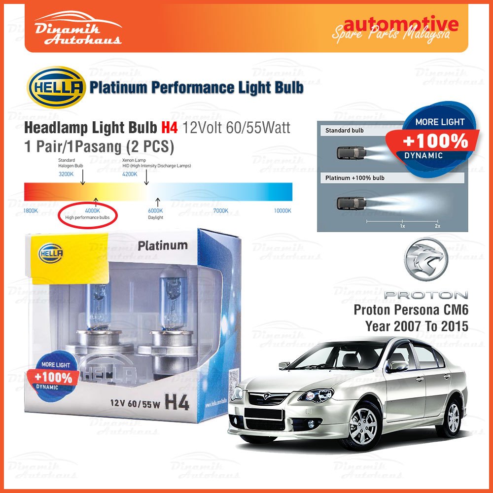 Proton Persona CM6 ปี 2007 ถึง 2015 ไฟหน้ารถหลอดไฟ 1 คู่ Hella Platinum H4 หลอดไฟหน้า