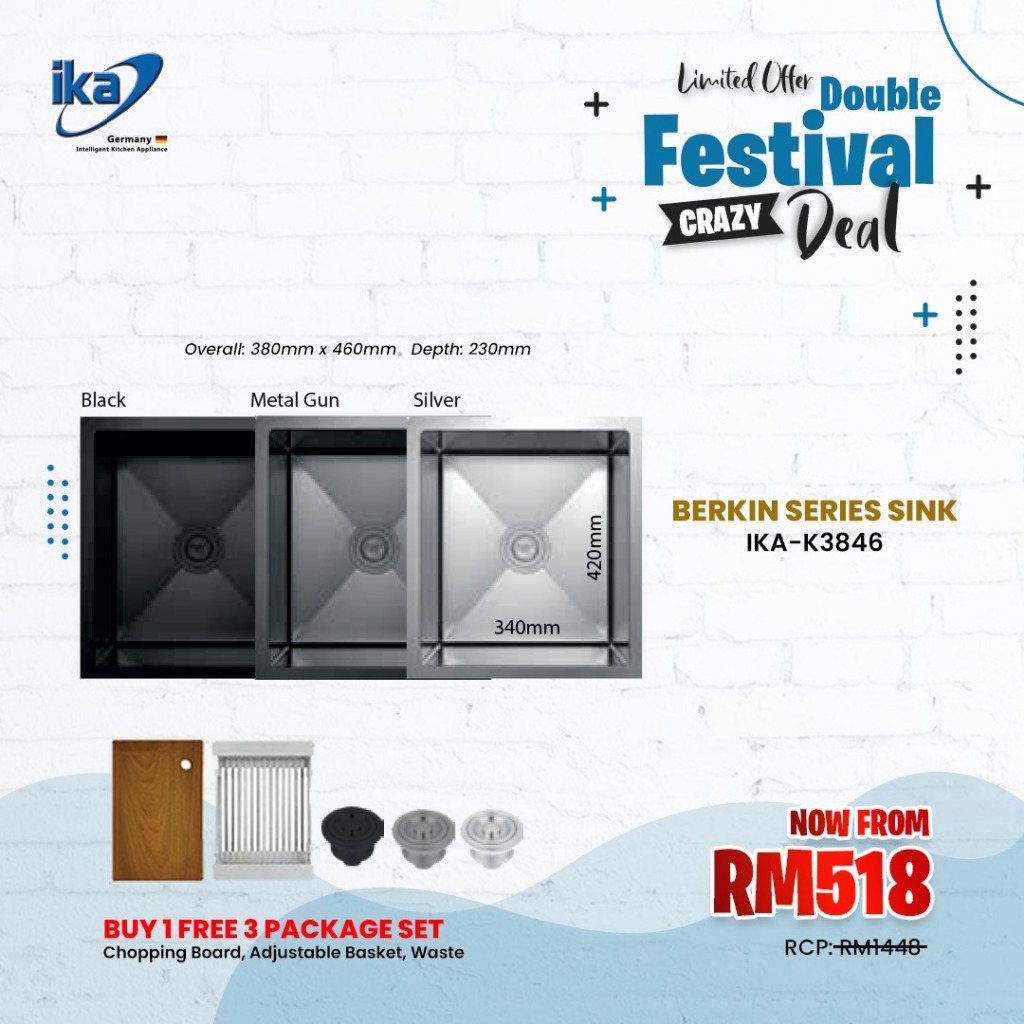 [IKA] Berkin Series Kitchen Sink C/W ตะกร้าและเขียงแบบปรับได้และของเสีย