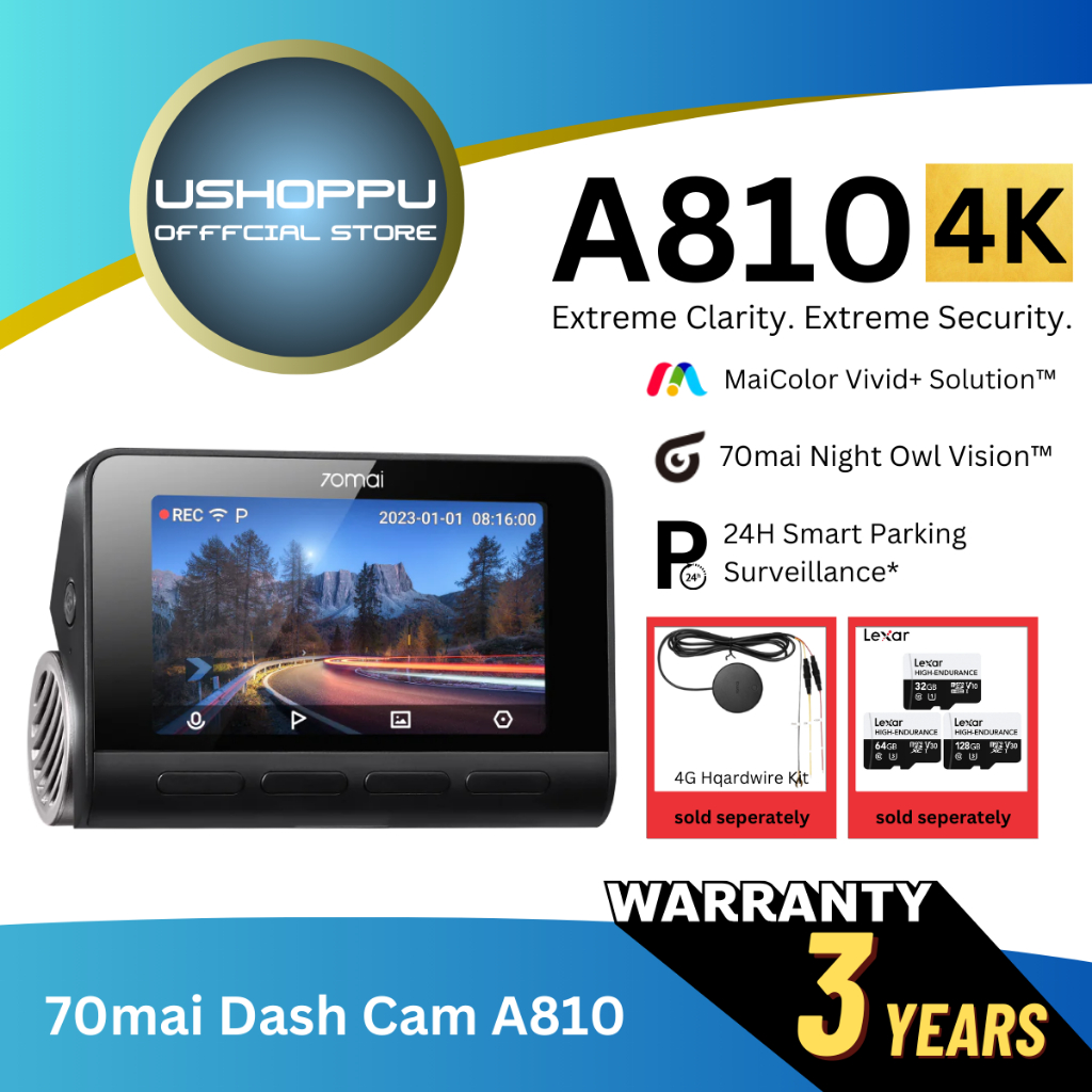 70mai A810S 4K Dash Cam ใหม่ A810S 4K Super capacitor Dual - Channel 4G ADAS 24 ชั่วโมงการเฝ้าระวังท