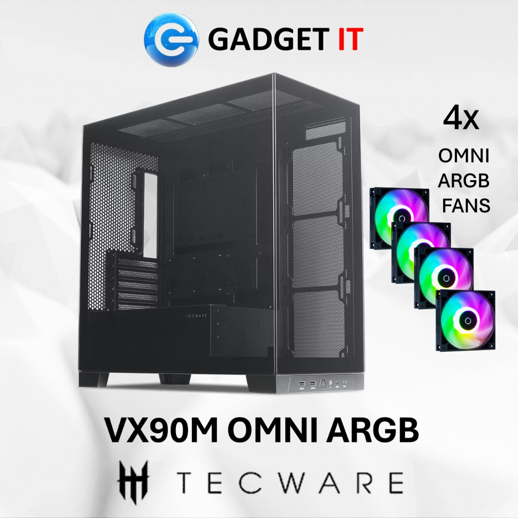 TECWARE VX90M DUAL TG MATX GAMING PC CASING PANORAMIC CASE 4 PREINSTALLED ARGB FANS GADGET IT