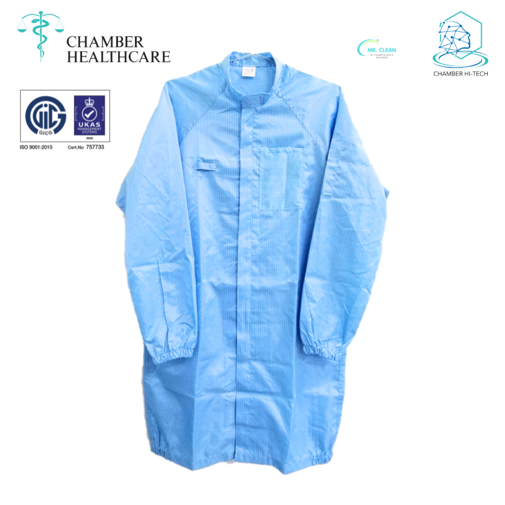 Chambers ESD Cleanroom เสื้อแจ็คเก็ตยาวพิเศษ [ดีไซน์: ปกติ; คอปก: ทรงวง; สี: สีฟ้าอ่อน]