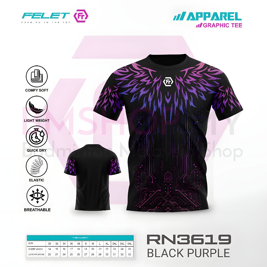 ของแท้ FELET RN3619 FELET SHIRT RN 3619 (4 COLORS)-Baju Badminton-White Purple-Black Pink-Blue Green