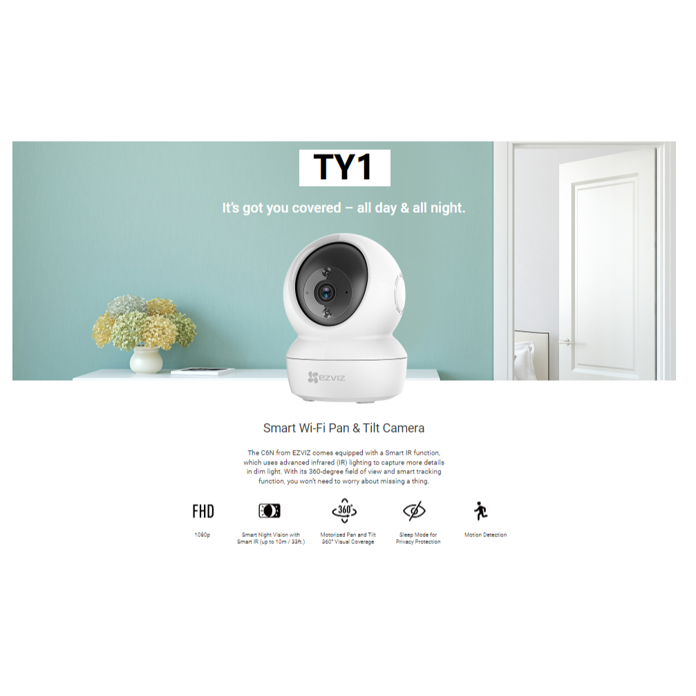 Ezviz TY1 1080P 2MP Indoor Pan/Tilt WiFi Security Camera, 360° ครอบคลุมการติดตามการเคลื่อนไหวอัตโนมั