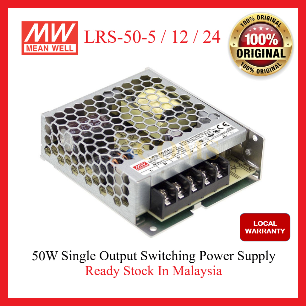 Mean Well LRS-50-24 LRS-50-12 LRS-50-5 แหล่งจ่ายไฟ 50W, 24V/2.2A, 12V/4.2A, 5V/10A