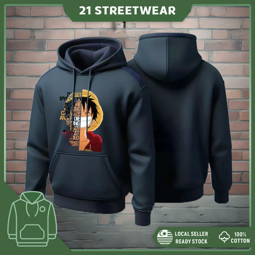 ผ้าฝ้าย 100% One Piece แขนยาว Hoodie Lelaki Hoodie Perempuan Jaket Lelaki Hoodie ผู้หญิง Hoodie Man 