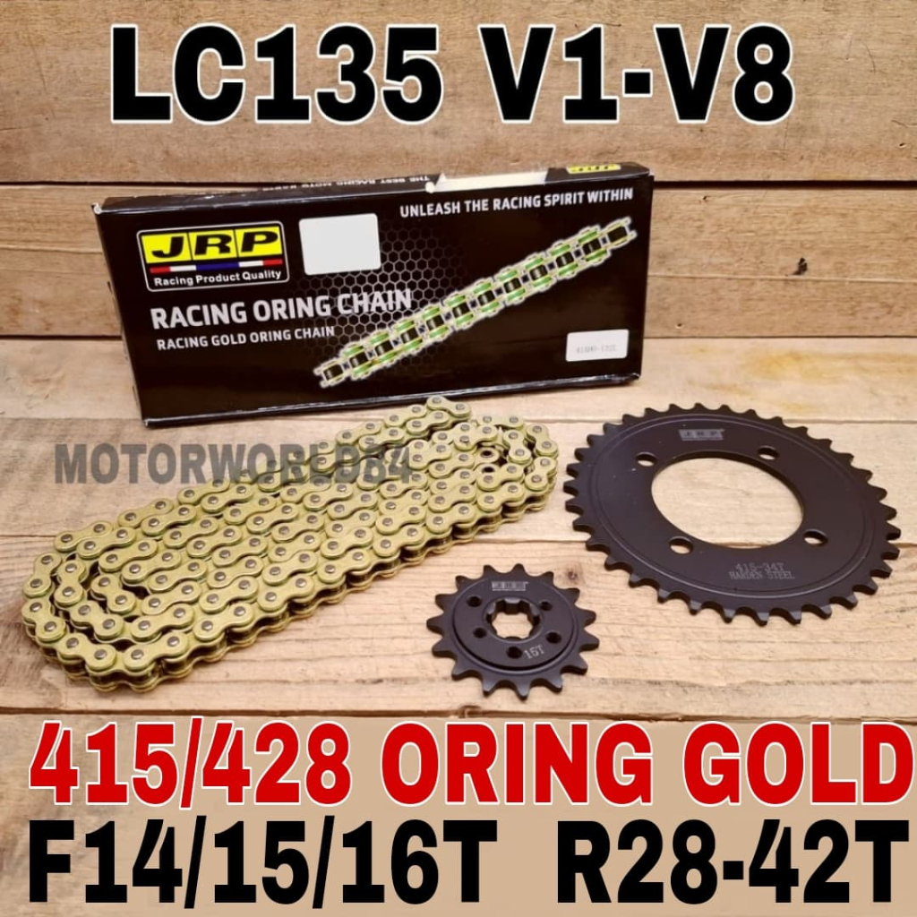 JRP SPROCKET ชุด YAMAHA LC135 V1-V8 ORING GOLD 415 428 F14T/15T/16T R28-42T 4HOLE SPOKET ชุด LC V1 V