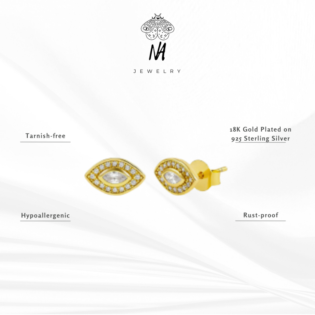 เครื่องประดับna MARQUISE EYE STUD EARRINGS boho 18K Goldplated Silver 925 Sterling. Zironia เกรดสูงส