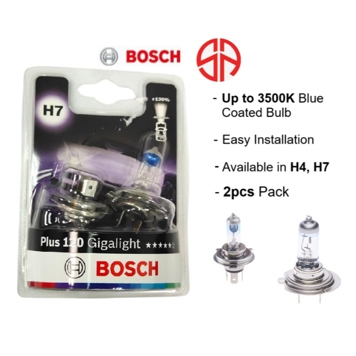 Bosch Plus 120 Gigalight 12V H4 H7 ยานยนต์หลอดไฟฮาโลเจนรถยนต์ไฟหน้า Warm White ECE R37