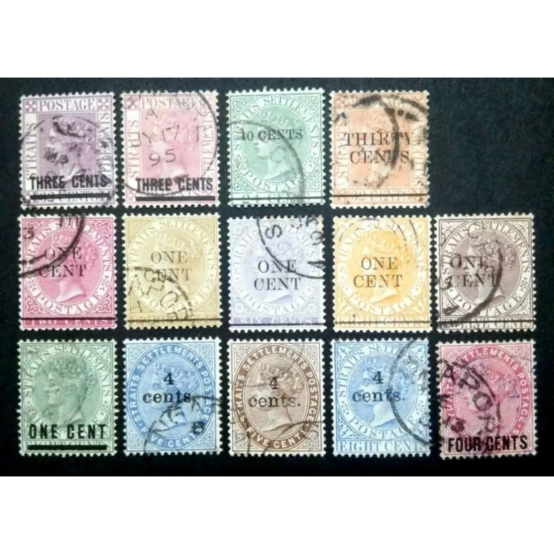 Straits Settlements 1885-99 Queen Victoria Wmk Crown CA Overprint Surcharge ครบชุด-14 ชิ้นใช้แสตมป์ 