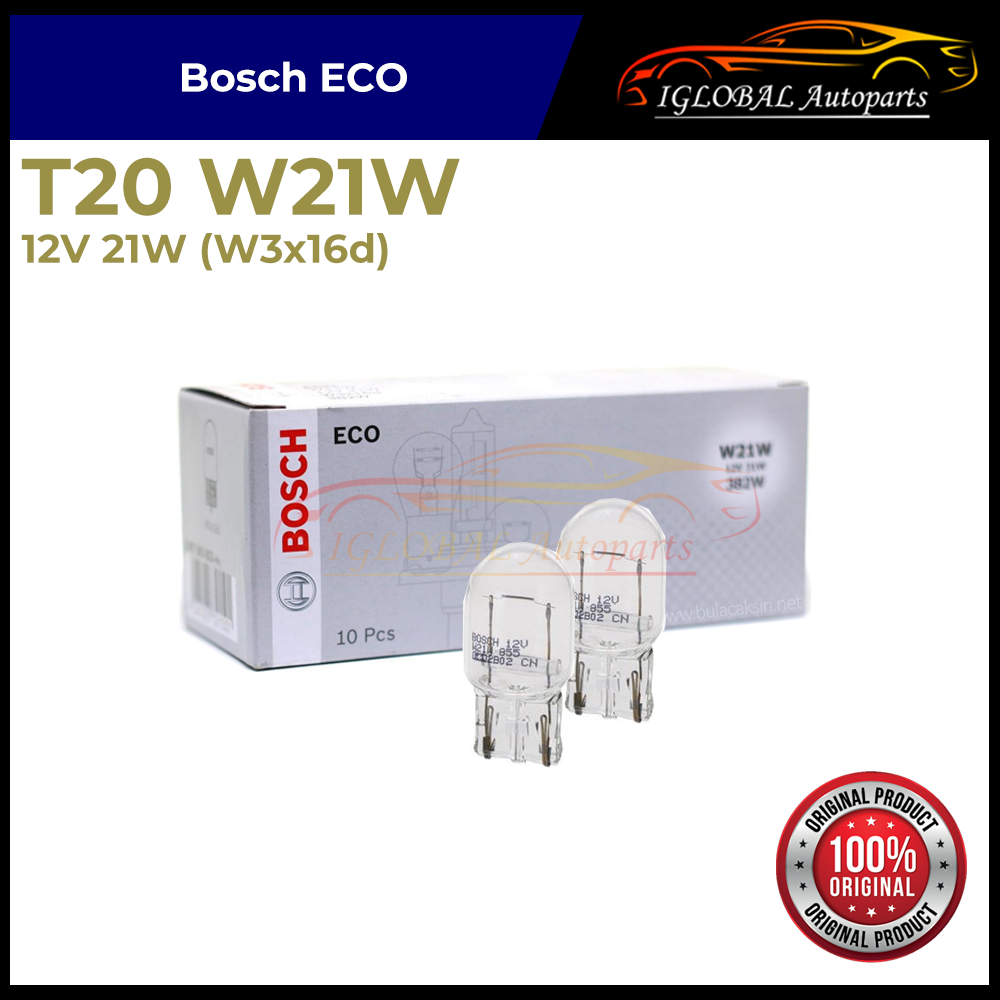 Bosch ECO T20 W21W 12V 21W (W3x16d) สัญญาณ, ย้อนกลับ, หลอดไฟฮาโลเจนเบรค (10 ชิ้น)