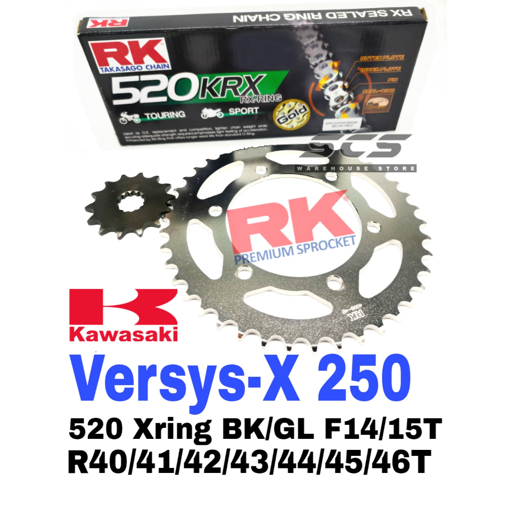 ชุดเฟือง RK Kawasaki Versys-X 250 520 KRX-Ring โซ่สีดําทอง Rantai สีดํา Xring Versys 250 Versys250 M