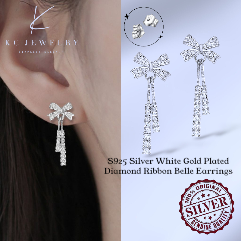 KC Jewelry S925 Silver - ต่างหูเบลล์ริบบิ้นเพชรชุบทองคําขาว