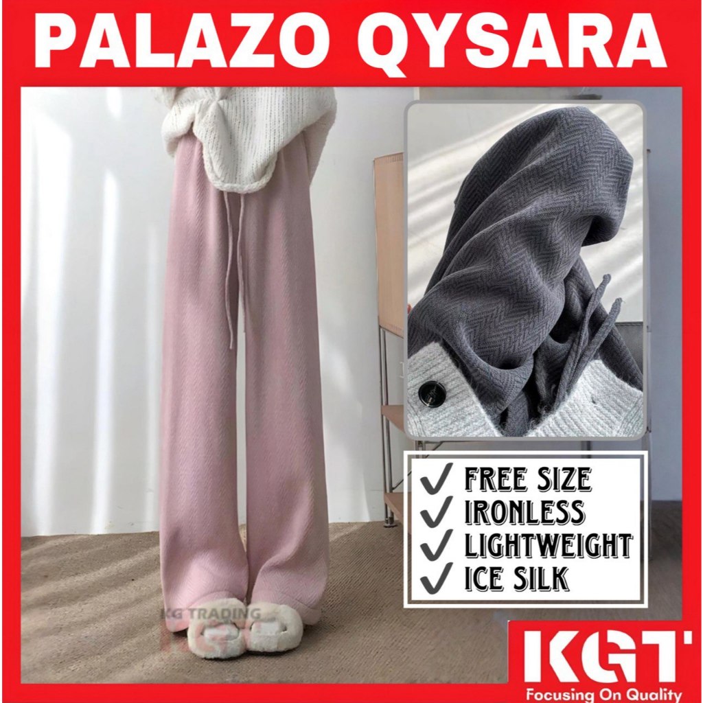 Qysara Palazo KGT Ironless ฟรีขนาด KGT Palamo กางเกงผ้าไหมน้ําแข็ง Seluar Getah Palazo Panjang