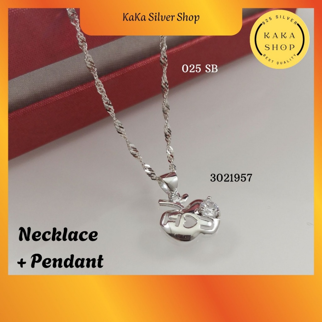โซ่สร้อยคอเงิน 925 + จี้แอปเปิ้ลหิน CZ Rantai Leher + Loket Epal Bau CZ Perak 925