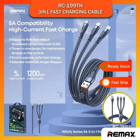 REMAX RC-199th, 5A 3-in-1 USB Fast Charging Data Cable Cable Charger 1200mm. สาย RC199TH 3IN1