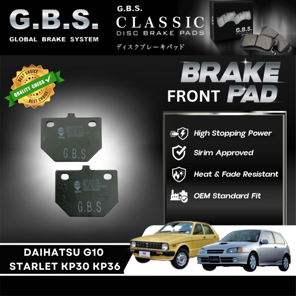 2012 ผ้าเบรค (GBS) FRONT - Toyota Starlet KP30 KP36, Daihatsu Charade G10