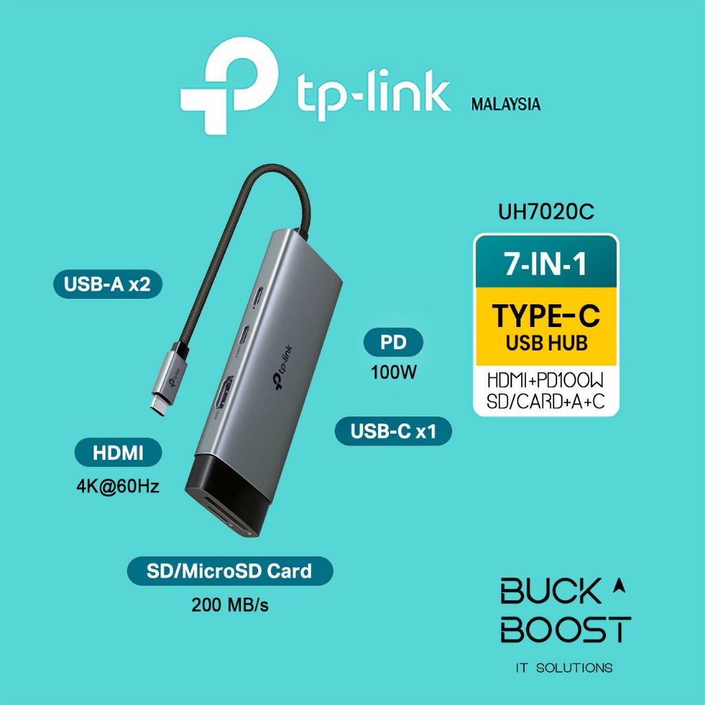 TP-LINK (UH7020C) ฮับ USB Type-C 7 in 1, HDMI 4K@60Hz, PD 100W, เครื่องอ่านการ์ด MicroSD 200Mbps, US