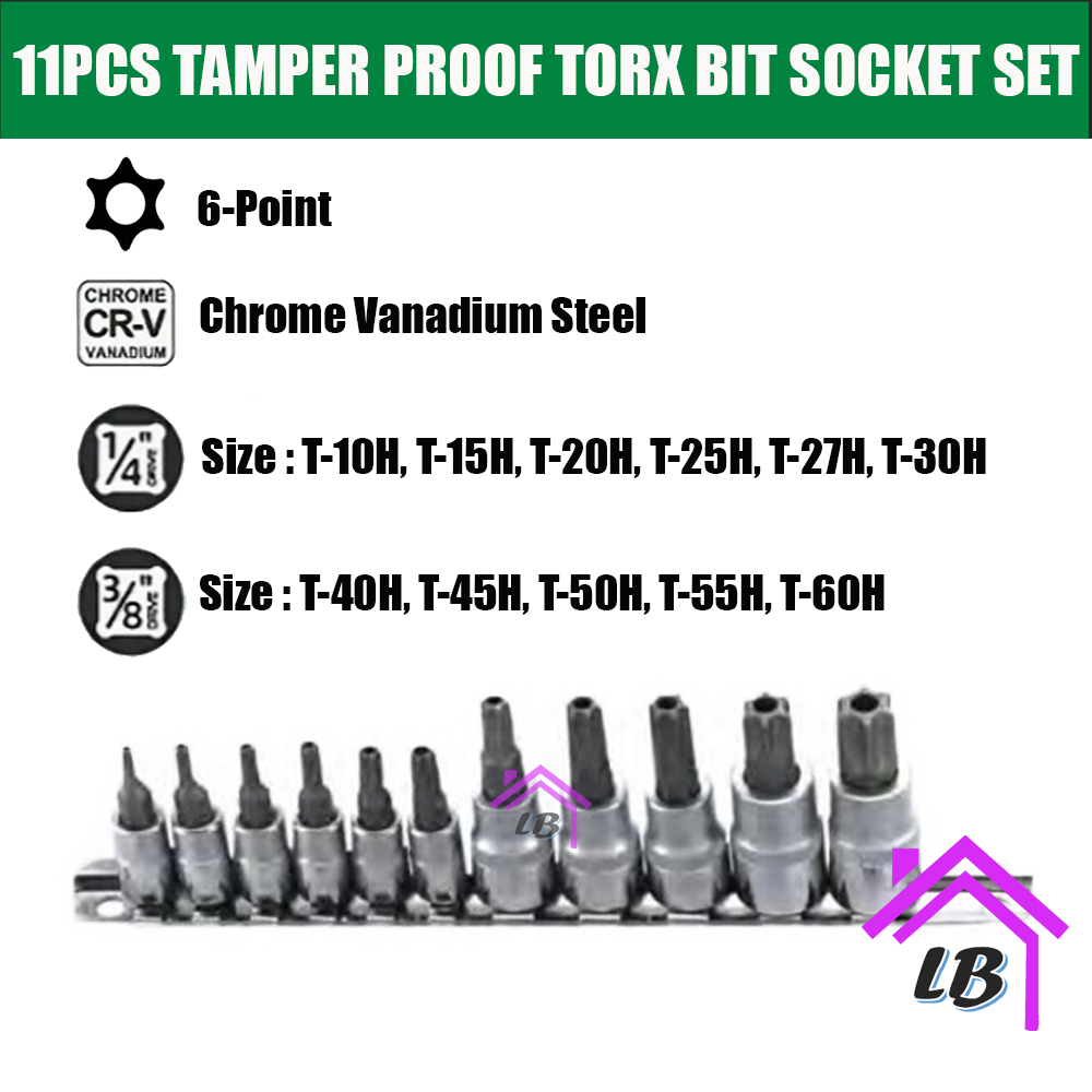 11pcs Tamper Star ซ็อกเก็ตชุด Torx Buka Torx สกรู T-10H T-15H T-20H T-25H T-27H T-30H T-40H T-45H T-