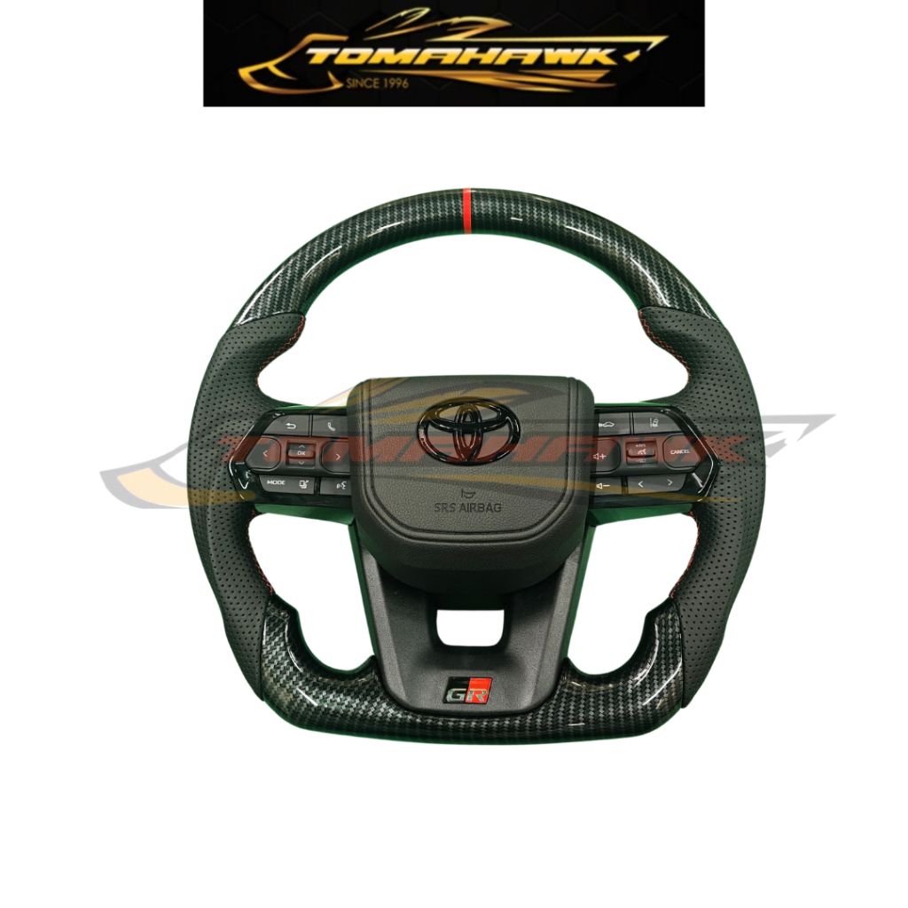 Toyota LC300 GR พวงมาลัยคาร์บอนดูสีดํามันวาวด้านล่างแบนพร้อมถุงลมนิรภัยเหมาะกับ Toyota Pre-2020 MY