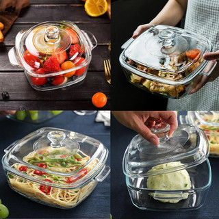 1.5L Square Tempered Glass Pot Microwave Oven Safe Salad Bowl Tempered Glass Casserole wt Lid Periuk Kaca
