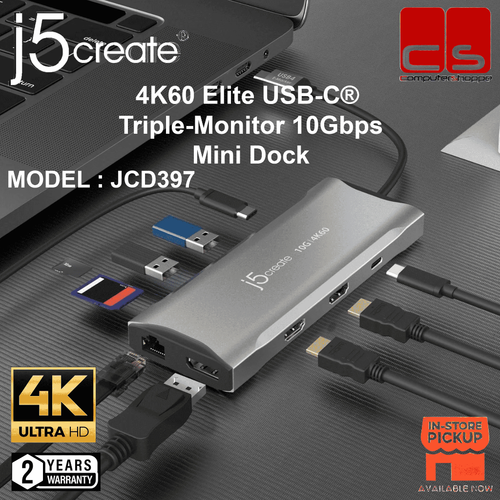 J5 CREATE JCD397 (4K60 Elite USB-C Triple-Monitor 10Gbps Mini Dock)