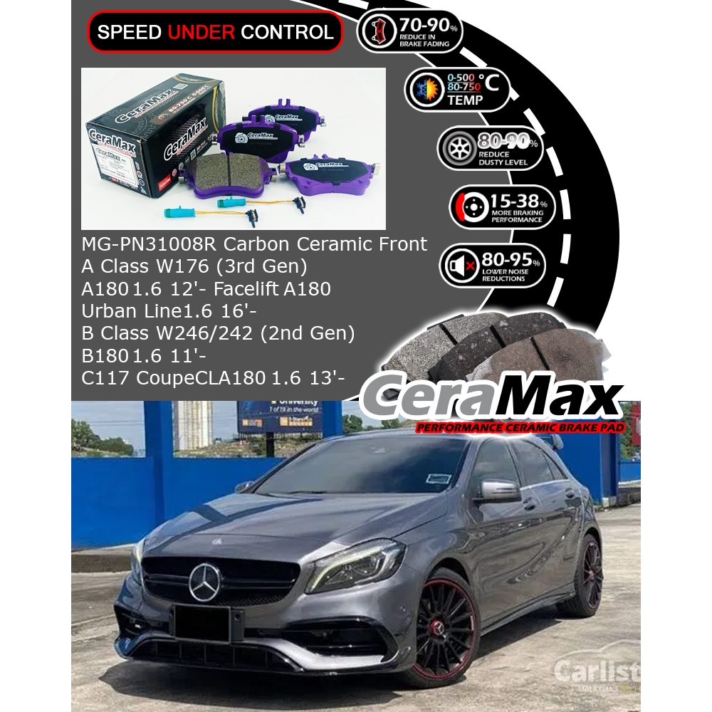 Ceramax Carbon MG-PN31008R Benz A180 1.6 W176 2GEN CLA180 B180 1.6 C117 W242 W246 ผ้าเบรคหน้า
