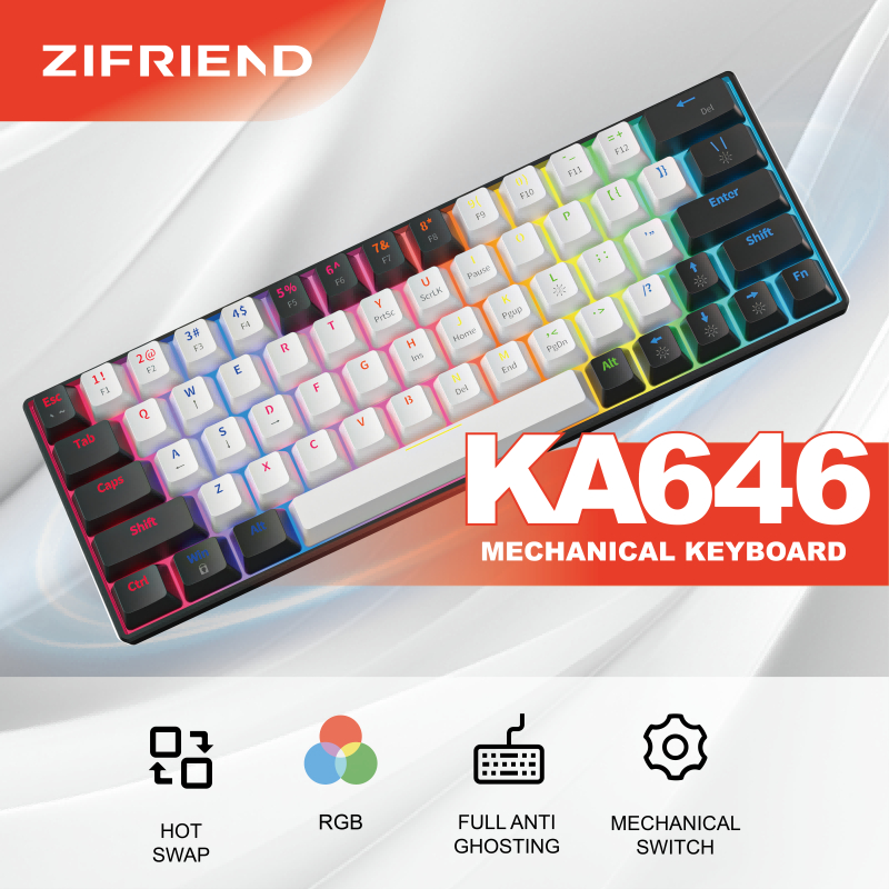 Zifriend KA646 คีย์บอร์ดแบบกลไก Swappable Rainbow backlight Gaming แบบมีสาย 63 คีย์
