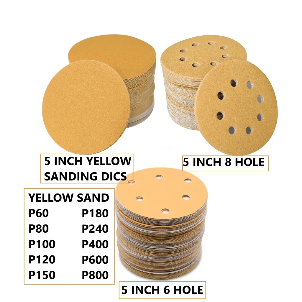 ABRASIVE MALL 5 "125 มม.5 นิ้วสีเหลืองขัดแผ่นดิสก์ VELCRO เทป P1200 P1500 P2000 SANDPAPER