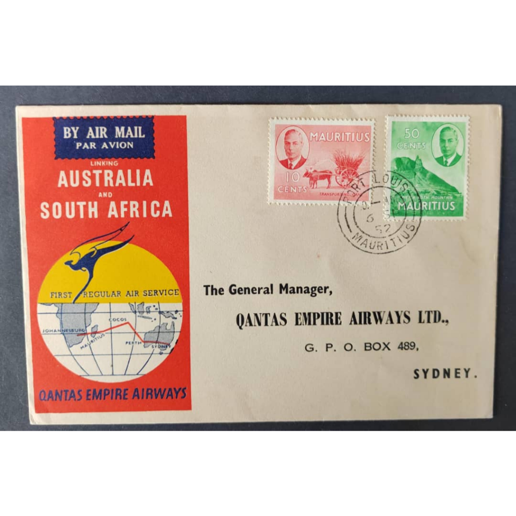 ฝาครอบ MAURITUS เป็น SYDNEY โดย QANTAS EMPIRE AIRWAY YEAR 1952
