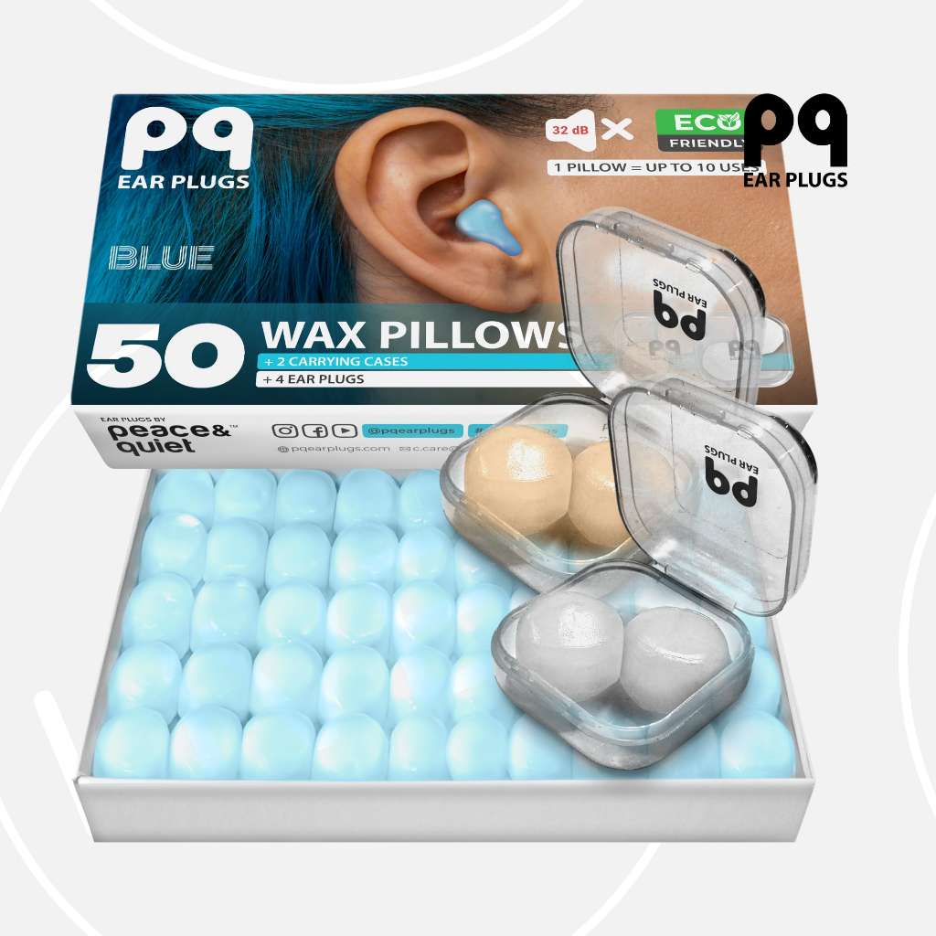 PQ Wax Ear Plugs, Blue, 50 Wax Pillows | Earplugs For Sleeping Swimming Snore Blocker 耳塞高效隔防噪音睡眠