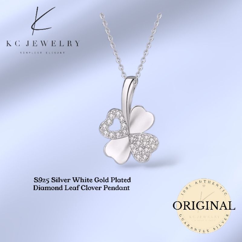 KC Jewelry S925 Silver - White Gold Plated - จี้โคลเวอร์สี่ใบเพชร