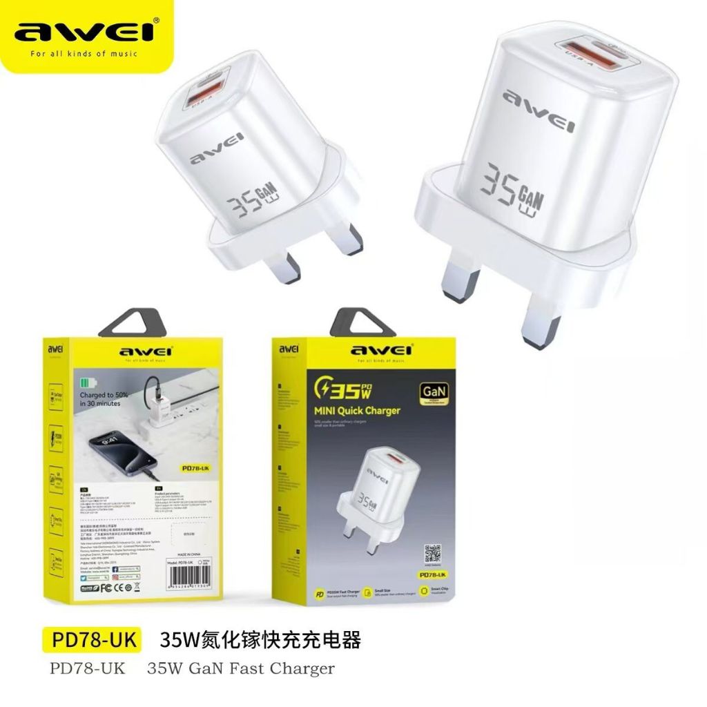 รุ่น:PD78 AWEI ADAPTER คุณภาพสูง Fast Charger Pd Charger MINI QUICK CHARGER 35W GaN FAST CHARGER