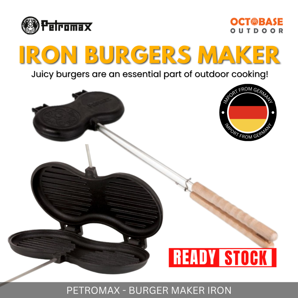 PETROMAX - BURGER MAKER IRON CAST IRON GRILL PATTERN สําหรับการตั้งแคมป์กลางแจ้ง PICNIC SURVIVAL