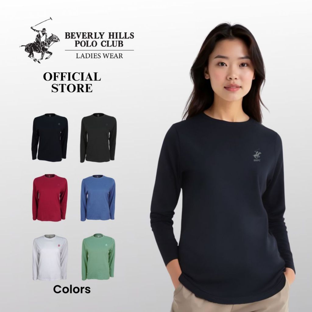 BHPC BHB286 ผู้หญิงเสื้อยืด Wanita Lengan Panjang ผ้าฝ้ายรอบคอปักโลโก้ Casual Tee Regular Fit S-XL