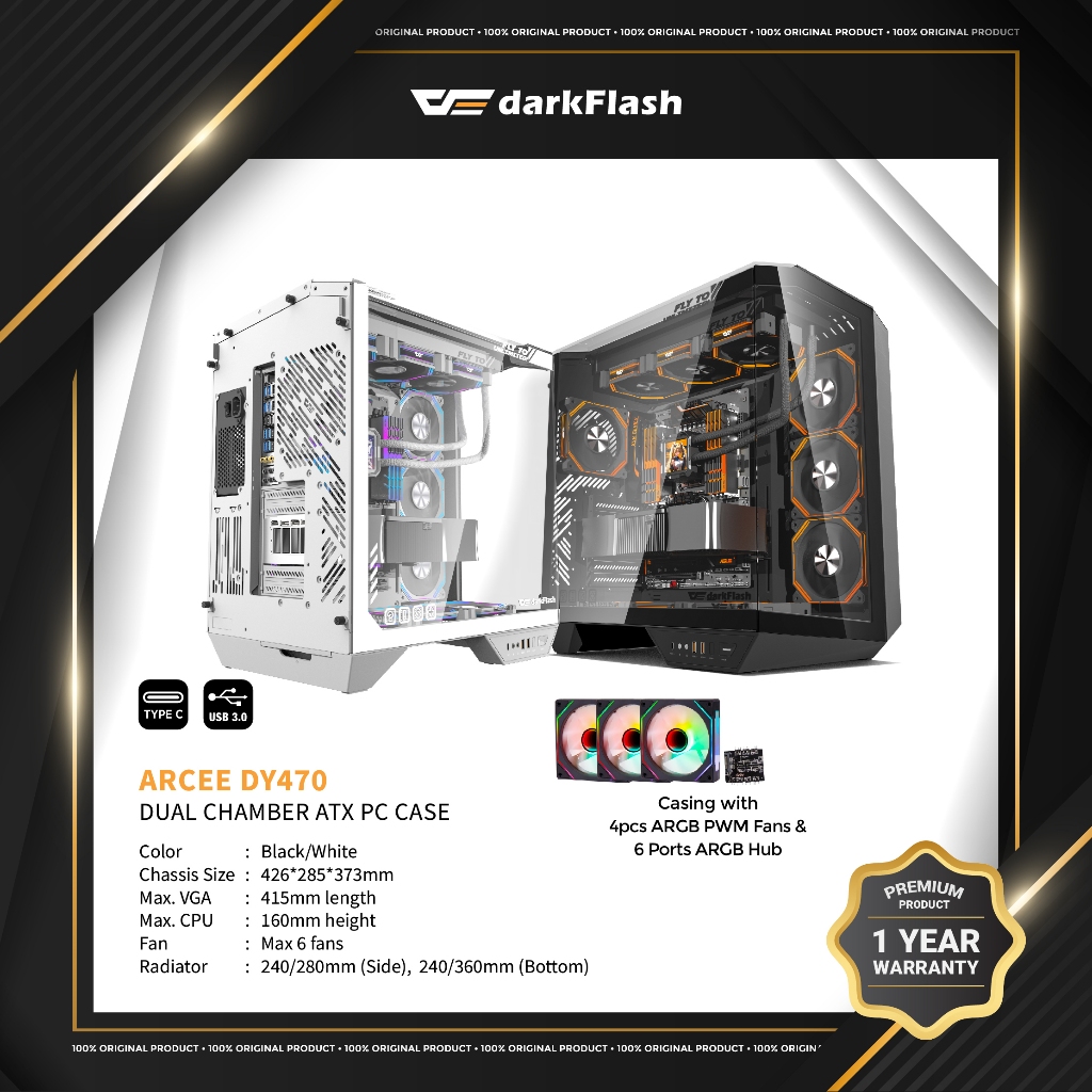 DarkFlash ARCEE DY470 ATX PC Case (พร้อมพัดลม ARGB PWM 4 ชิ้น & 6 พอร์ต ARGB Hub) Black & White
