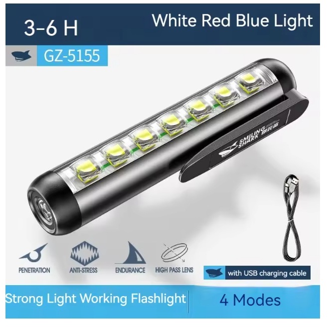 Smiling Shark GZ-5155 สีขาวสีแดงสีฟ้าไฟฉายแม่เหล็กกันน้ําเหมาะสําหรับ Camping Hiking โดย Bushcraft M