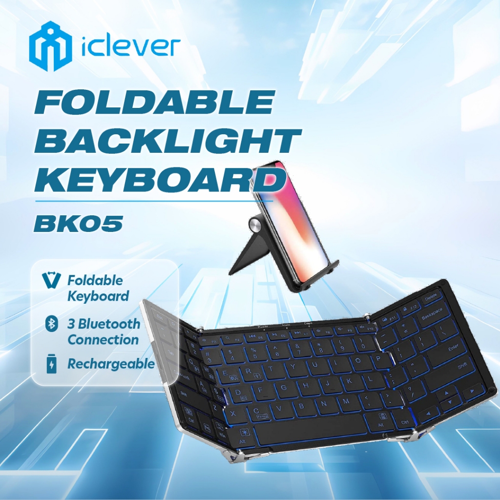IClever BK05 คีย์บอร์ดบลูทูธพร้อมไฟแบ็คไลท์ 3 สี คีย์บอร์ดแบบพับได้หลายอุปกรณ์ Bluetooth 5.1