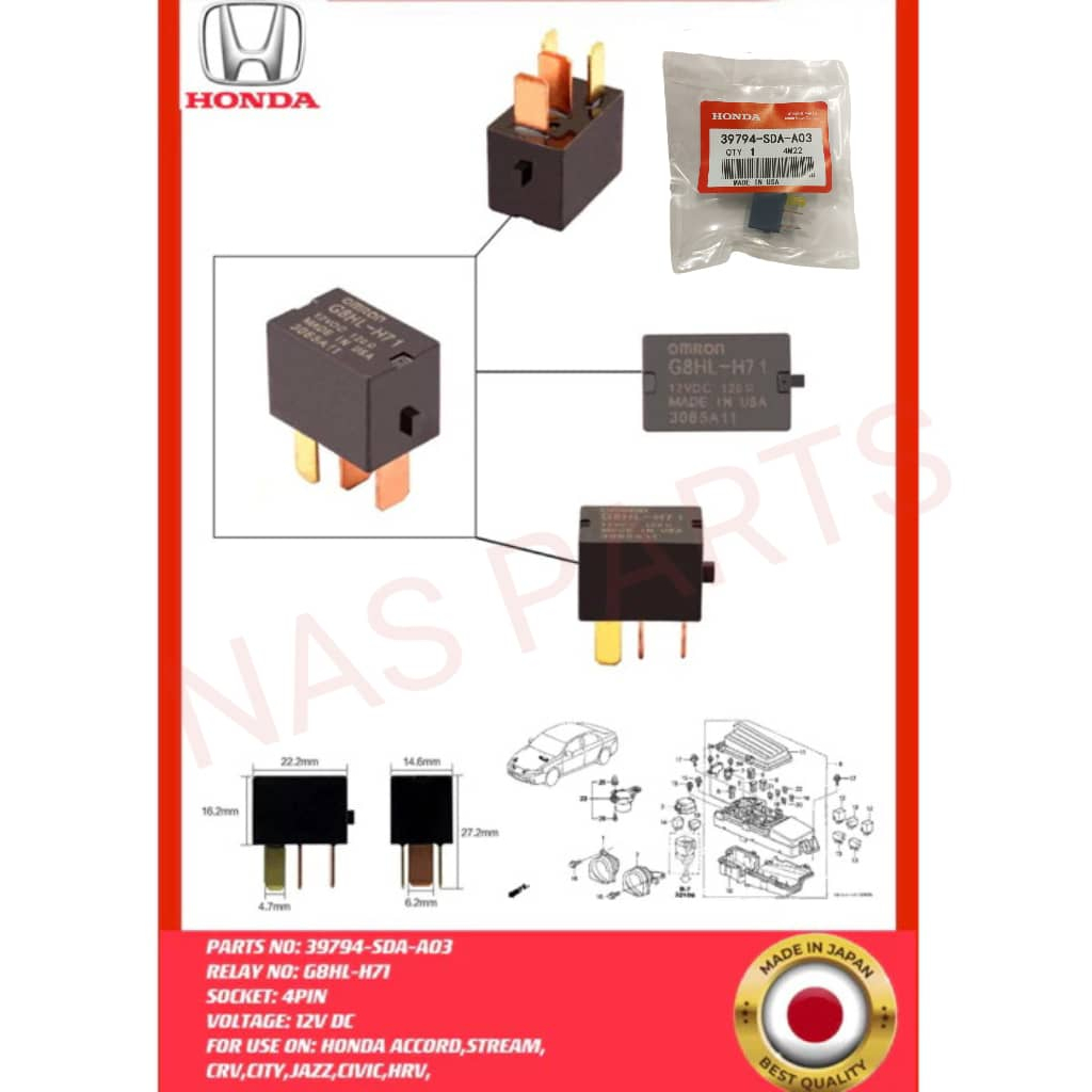 39794-SDA-A03 HONDA PARTS RELAY 4PIN 12V (G8HL-H71) สําหรับการใช้งาน: HONDA ACCORD,CIVIC,HRV,CRV,CIT