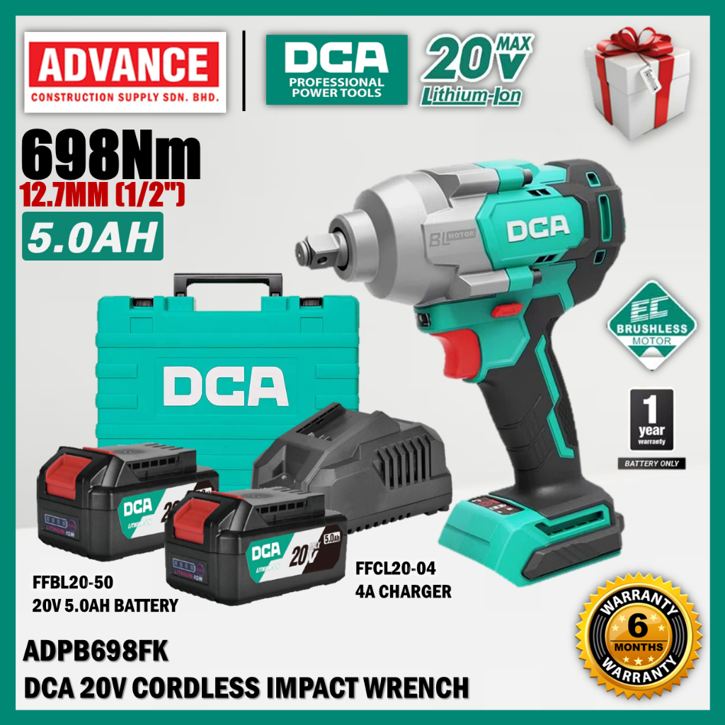 DCA ADPB698 / ADPB698FK 20V ประแจผลกระทบไร้แปรงถ่านไร้สาย (1/2") 698Nm