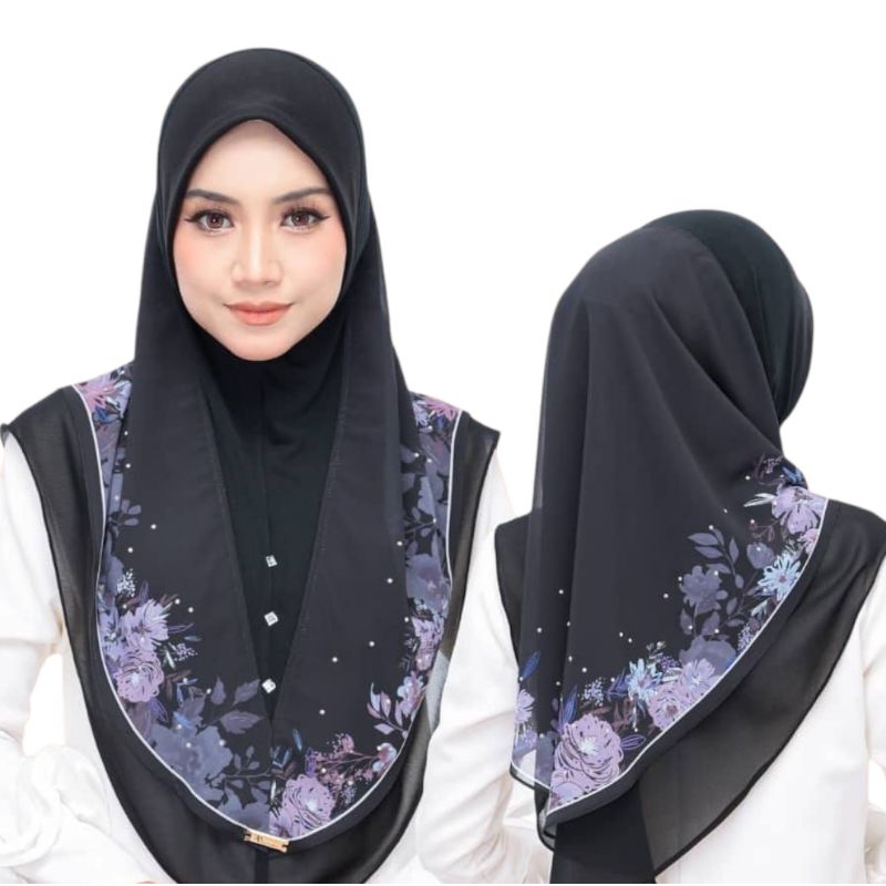 Tudung Sarung Sarima พิมพ์ชีฟองสองชั้นฟรีไซส์ Ada Batu