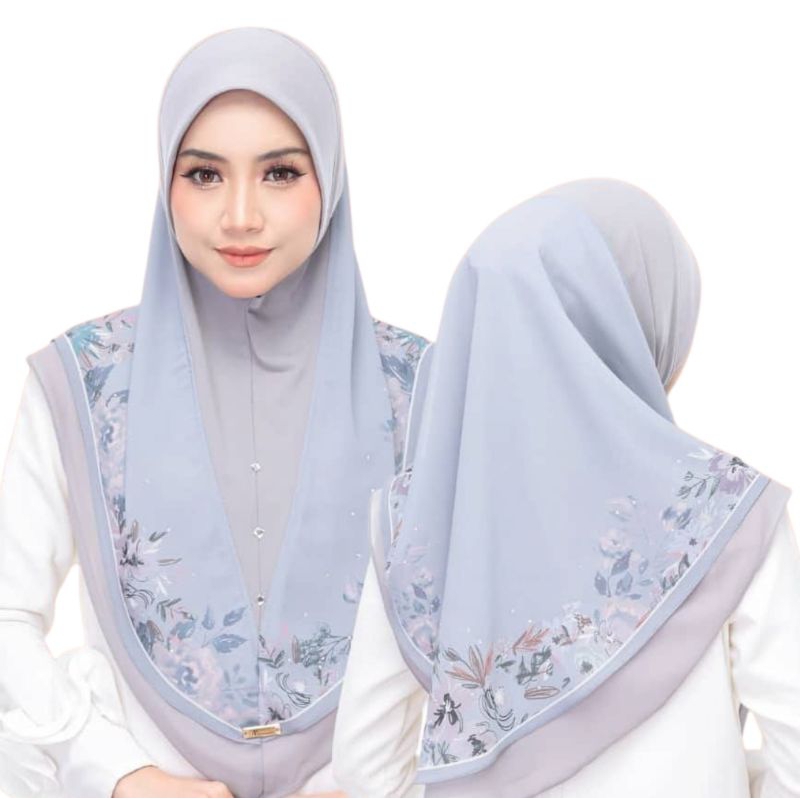 Tudung Sarung Sarima พิมพ์ชีฟองสองชั้นฟรีไซส์ Ada Batu