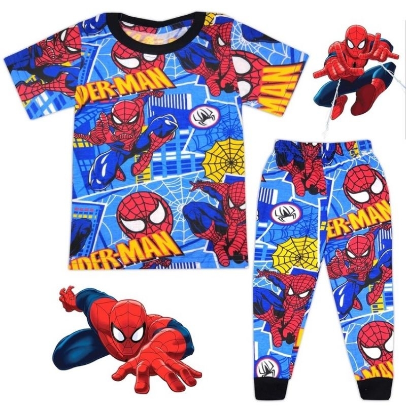 BAJU TIDUR/ SLEEPWEAR/ PIJAMA : (3M-12Y) FM Blue SPIDER CITY Cotton Kids Boy Boy Budak Men Kartun Sp